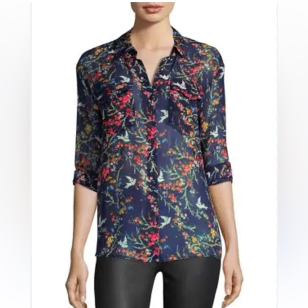 The Kooples silk Navy Floral Button Down Shirt  top
